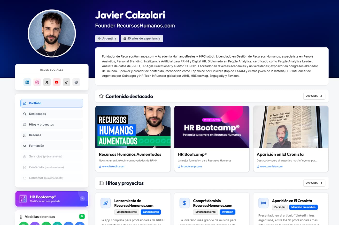 Vista del portfolio profesional en RecursosHumanos.com