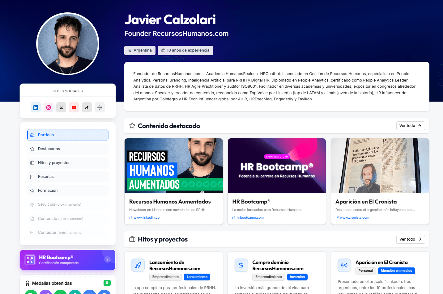 Vista del portfolio profesional en RecursosHumanos.com